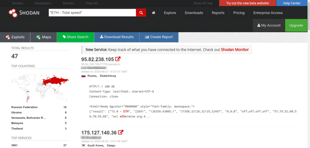 Shodan Cheat Sheet: Ultimate List of Dorks & Search Filters with Examples Shodan cheat sheet example showing search results for Etherium miners