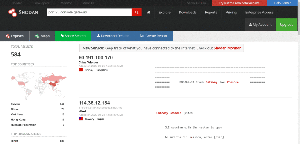 Shodan Cheat Sheet: Ultimate List of Dorks & Search Filters with Examples Shodan cheat sheet example showing search results for Telnet