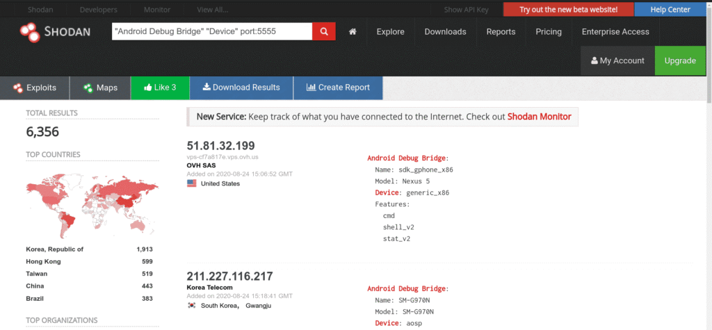 Shodan Cheat Sheet: Ultimate List of Dorks & Search Filters with Examples Shodan cheat sheet example showing search results for ADB