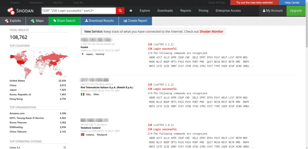Shodan Cheat Sheet: Ultimate List of Dorks & Search Filters with Examples Shodan cheat sheet example showing search results for FTP