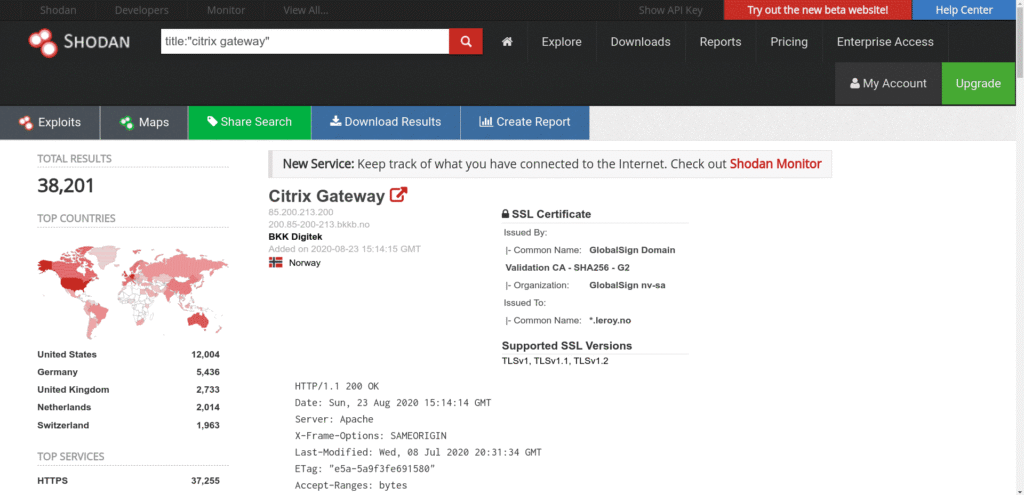 Shodan Cheat Sheet: Ultimate List of Dorks & Search Filters with Examples Shodan cheat sheet example showing search results for citrix gateway title