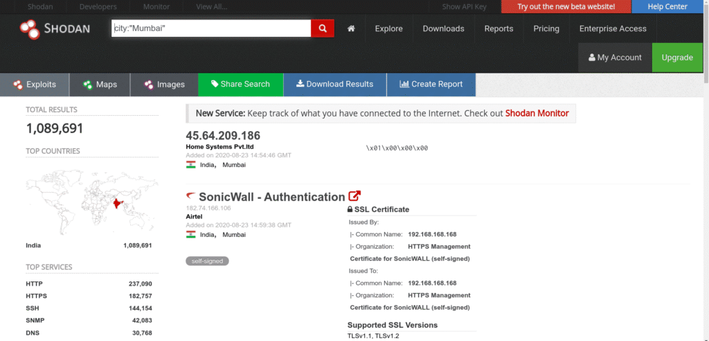 Shodan Cheat Sheet: Ultimate List of Dorks & Search Filters with Examples Shodan cheat sheet example showing search results for CITY