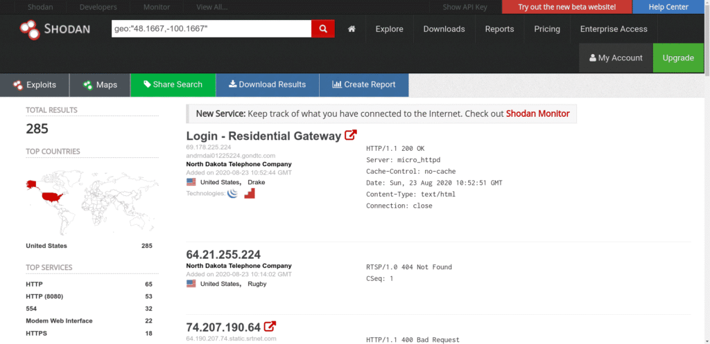 Shodan Cheat Sheet: Ultimate List of Dorks & Search Filters with Examples Shodan cheat sheet example showing search results for Geo