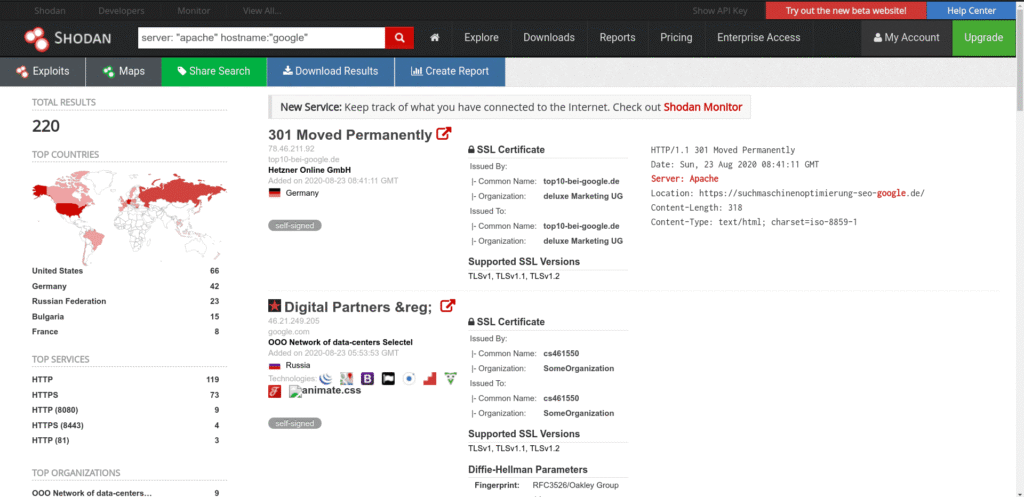 Shodan Cheat Sheet: Ultimate List of Dorks & Search Filters with Examples Shodan cheat sheet example showing search results for hostname