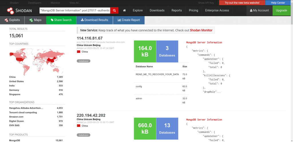 Shodan Cheat Sheet: Ultimate List of Dorks & Search Filters with Examples Shodan cheat sheet example showing search results for MongoDB