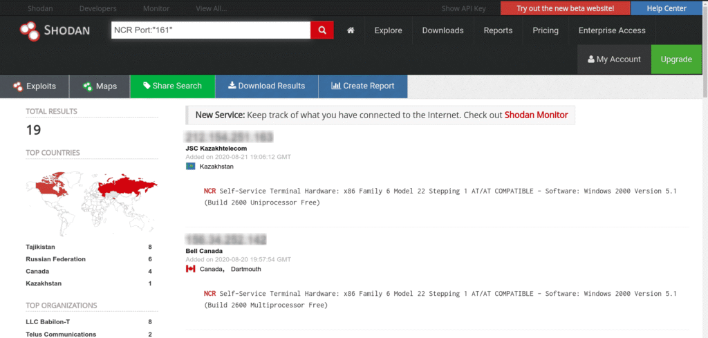 Shodan Cheat Sheet: Ultimate List of Dorks & Search Filters with Examples Shodan cheat sheet example showing search results for NCR Port