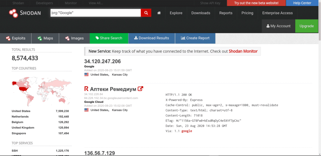 Shodan Cheat Sheet: Ultimate List of Dorks & Search Filters with Examples Shodan cheat sheet example showing search results for ORG