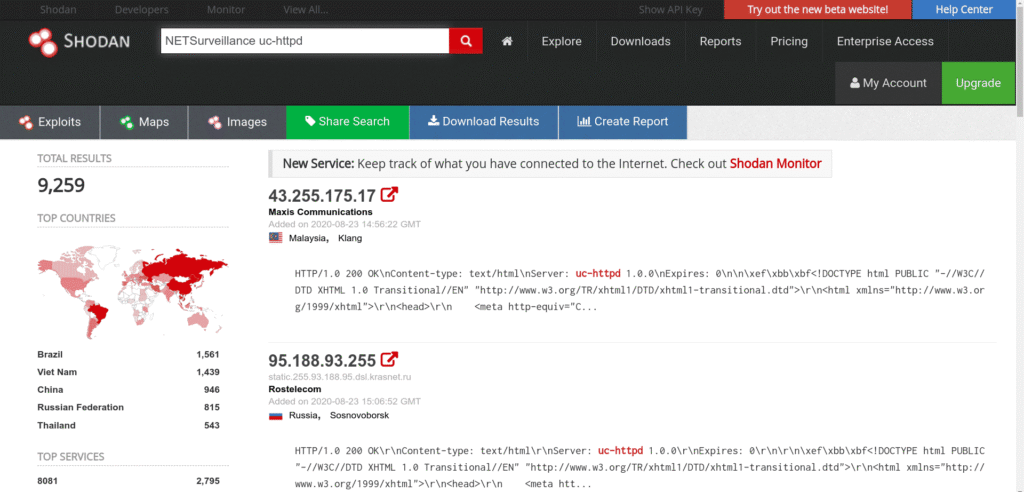 Shodan Cheat Sheet: Ultimate List of Dorks & Search Filters with Examples Shodan cheat sheet example showing search results for NETSurveillance