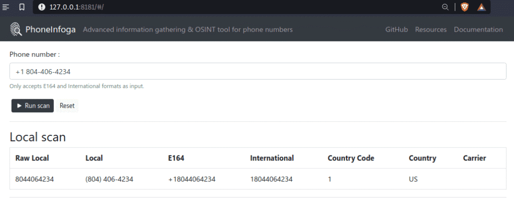 PhoneInfoga - OSINT Information Gathering framework for Phone Numbers PhoneInfoga local scan