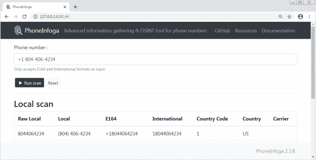 PhoneInfoga - OSINT Information Gathering framework for Phone Numbers PhoneInfoga for windows web interface scanner