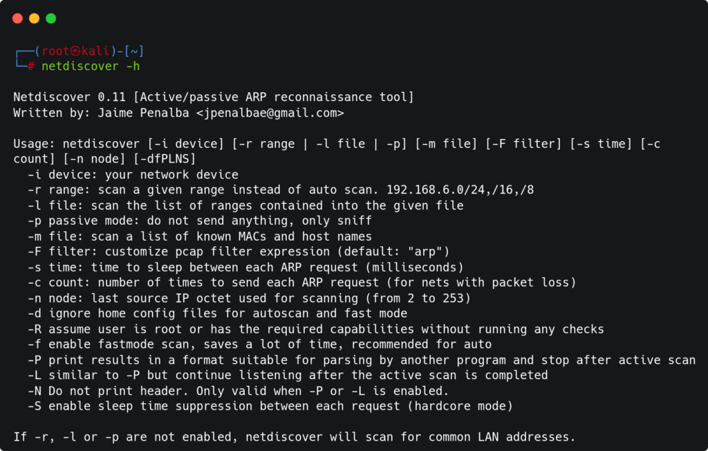 Netdiscover Command guide: Network Discovery and ARP Reconnaissance Tool netdiscover help man